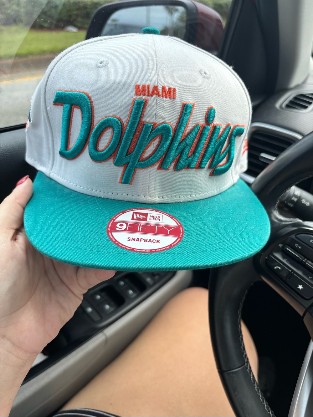 New Era White and Teal Miami Dolphins Script Snapback Hat